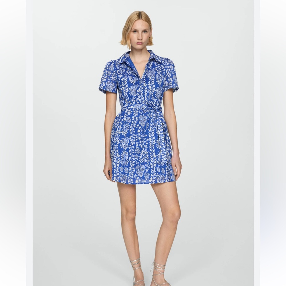 Mango Blue and White Notched Collar Mini Dress